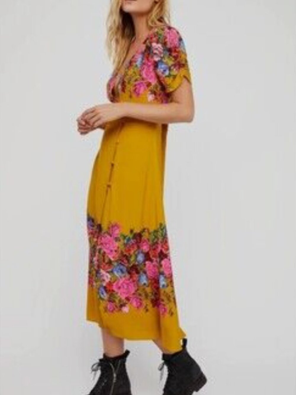 Free People Mustard Floral Midi Dress Women's M Boho Cottagecore Button Front